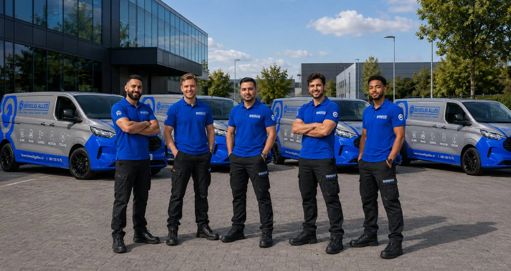 Het team van Beveilig Alles B.V. met bedrijfsbussen voor het kantoor